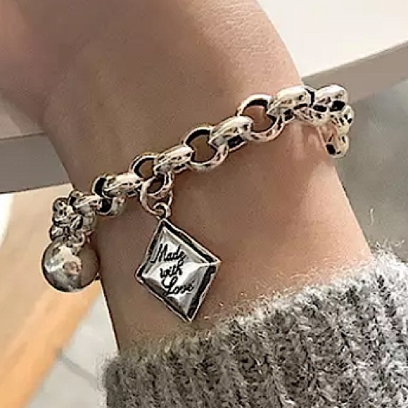Sterling Silver Made with Love Bracelet Chain Link Ball Charm - Picture 10 of 12